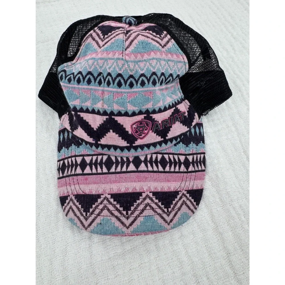 Ariat Trucker Hat Youth OS Pink Blue Southwestern Ponytail Crisscross Mesh Cap